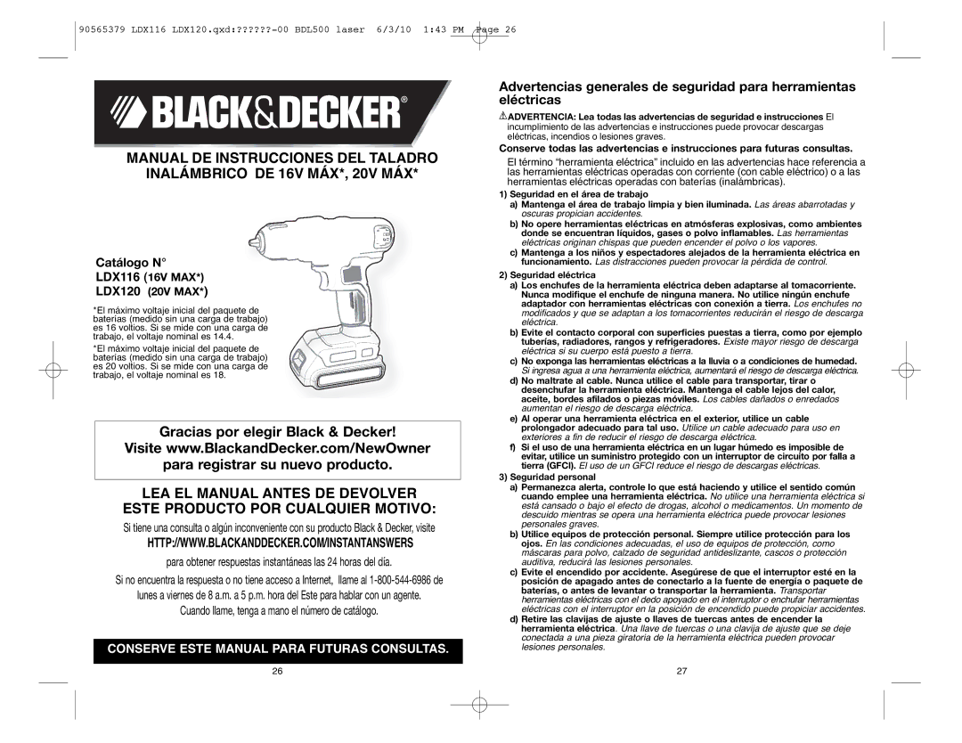 Black & Decker LDX120PK, LDX120P-2, LDX120C, LDX116C instruction manual Conserve Este Manual Para Futuras Consultas 