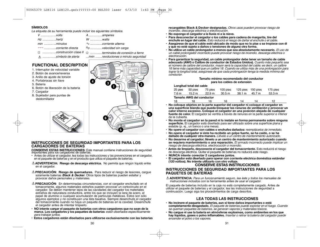 Black & Decker LDX120 LEA Todas LAS Instrucciones, Símbolos, Pies, De la cubierta, Estable p. ej., un banco o una mesa 