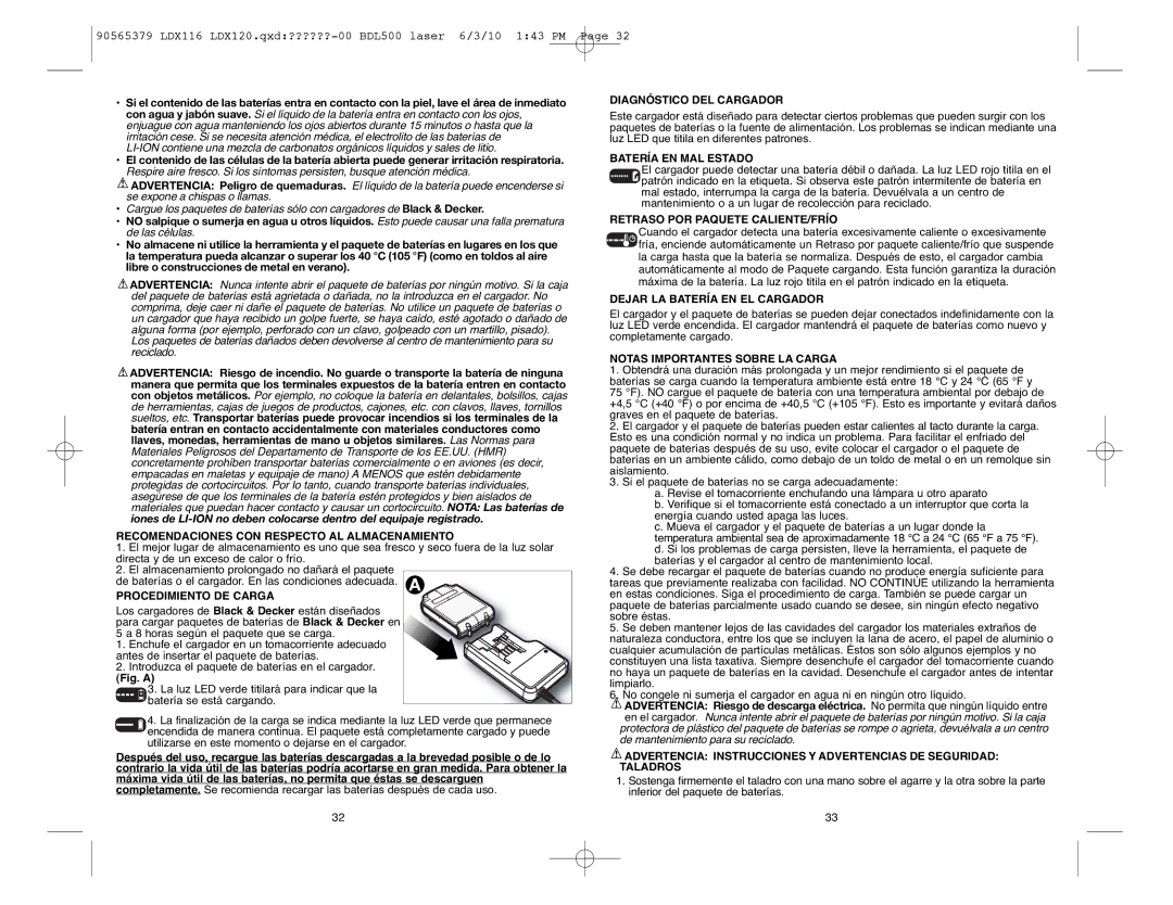 Black & Decker LDX116C Recomendaciones CON Respecto AL Almacenamiento, Procedimiento DE Carga, Diagnóstico DEL Cargador 