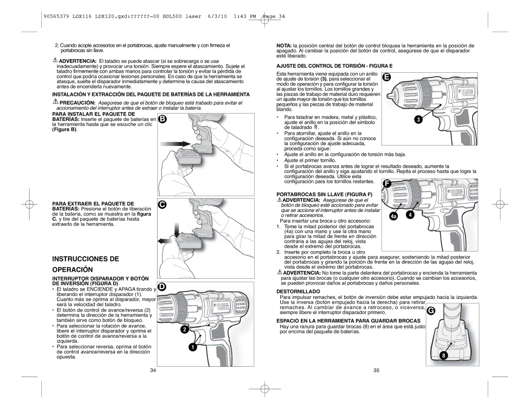 Black & Decker LDX120P-2, LDX116, LDX120C Instrucciones DE Operación, Ajuste DEL Control DE Torsión Figura E, Destornillado 