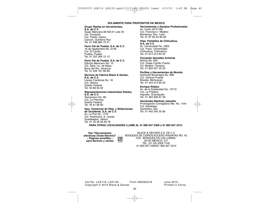 Black & Decker LDX120C, LDX120P-2, LDX120PK, LDX116C instruction manual Solamente Para Propositos DE Mexico 