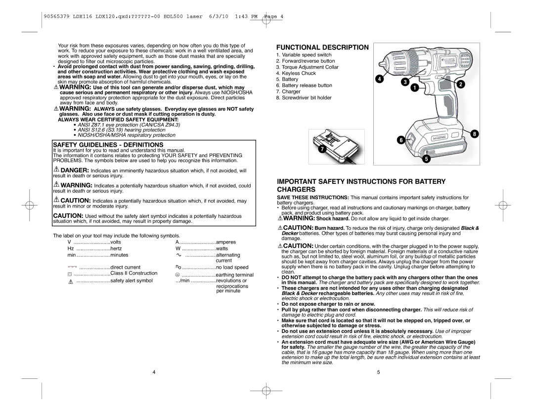 Black & Decker LDX120C, LDX120P-2, LDX116 Functional Description, Important Safety Instructions for Battery Chargers 