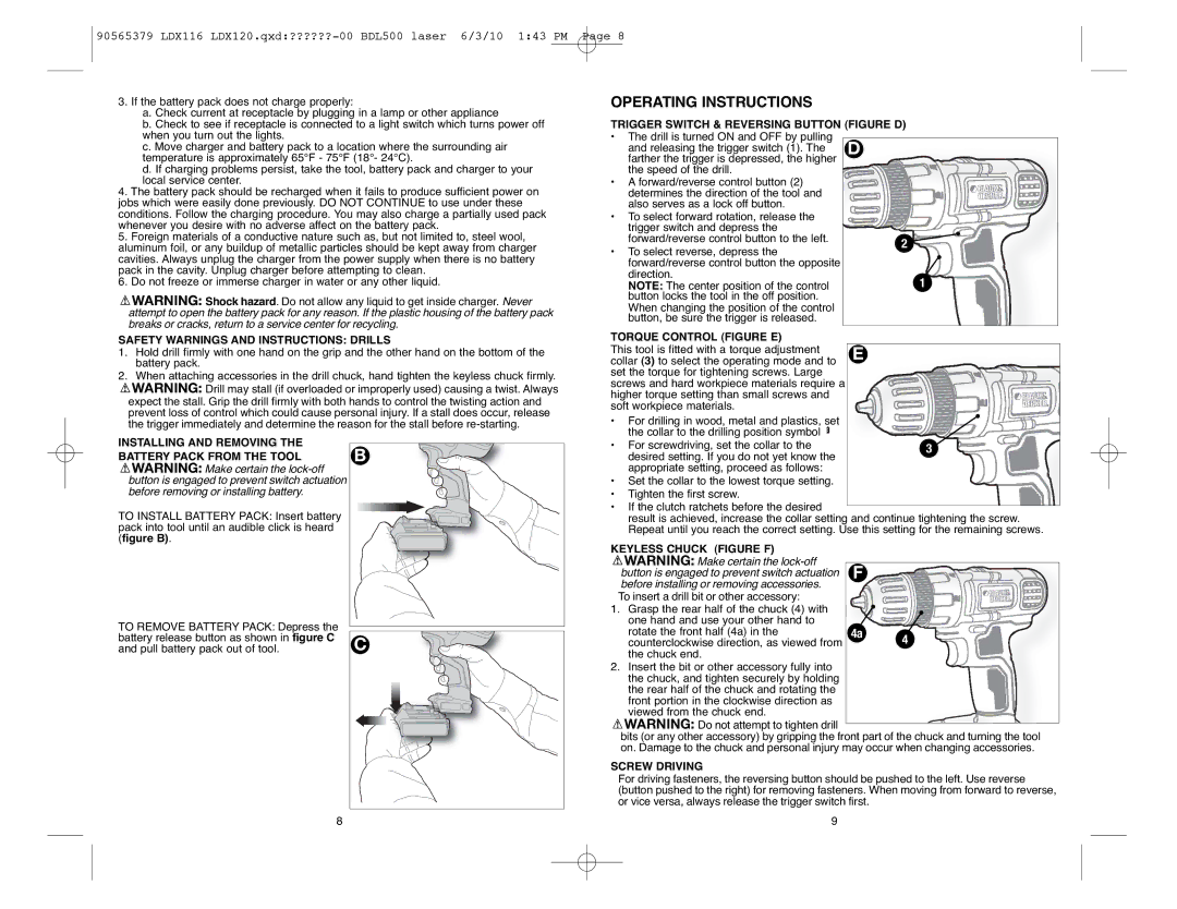 Black & Decker LDX116C, LDX120P-2, LDX120PK, LDX120C instruction manual Operating Instructions 