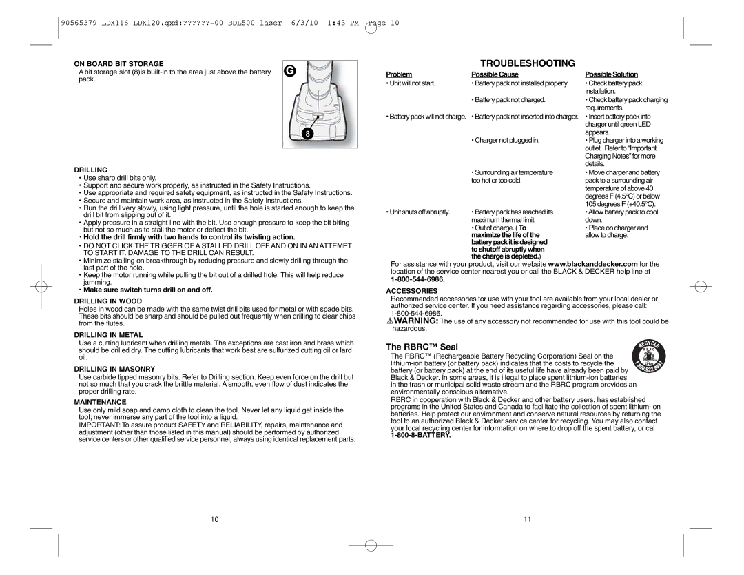 Black & Decker LDX120P-2, LDX120PK, LDX120C, LDX116C instruction manual Troubleshooting, Rbrc Seal 