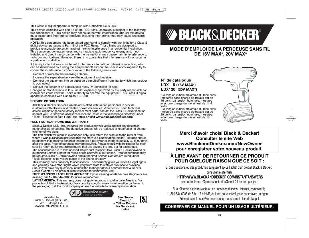 Black & Decker LDX116, LDX120P-2, LDX120PK Service Information Full TWO-YEAR Home USE Warranty, Black & Decker U.S. Inc 