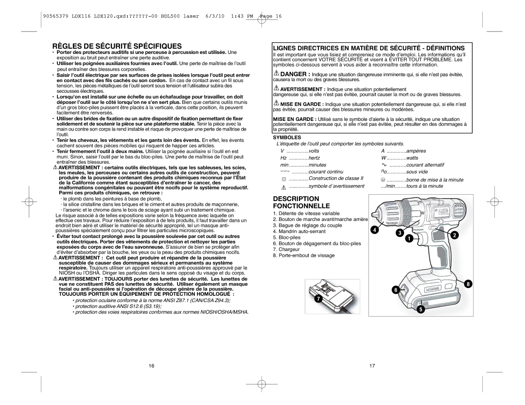 Black & Decker LDX120C Lignes Directrices EN Matière DE Sécurité Définitions, Symboles, Détente de vitesse variable 