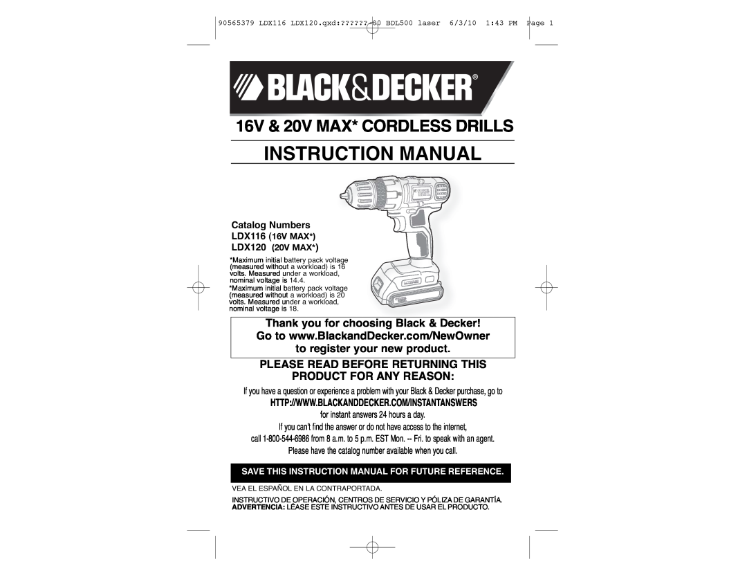 Black & Decker LDX116, LDX120 instruction manual Please Read Before Returning This Product For Any Reason, Catalog Numbers 