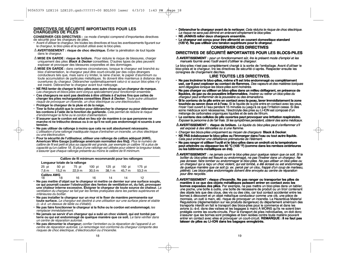 Black & Decker LDX120P-2 Directives De Sécurité Importantes Pour Les Chargeurs De Piles, Conserver Ces Directives 