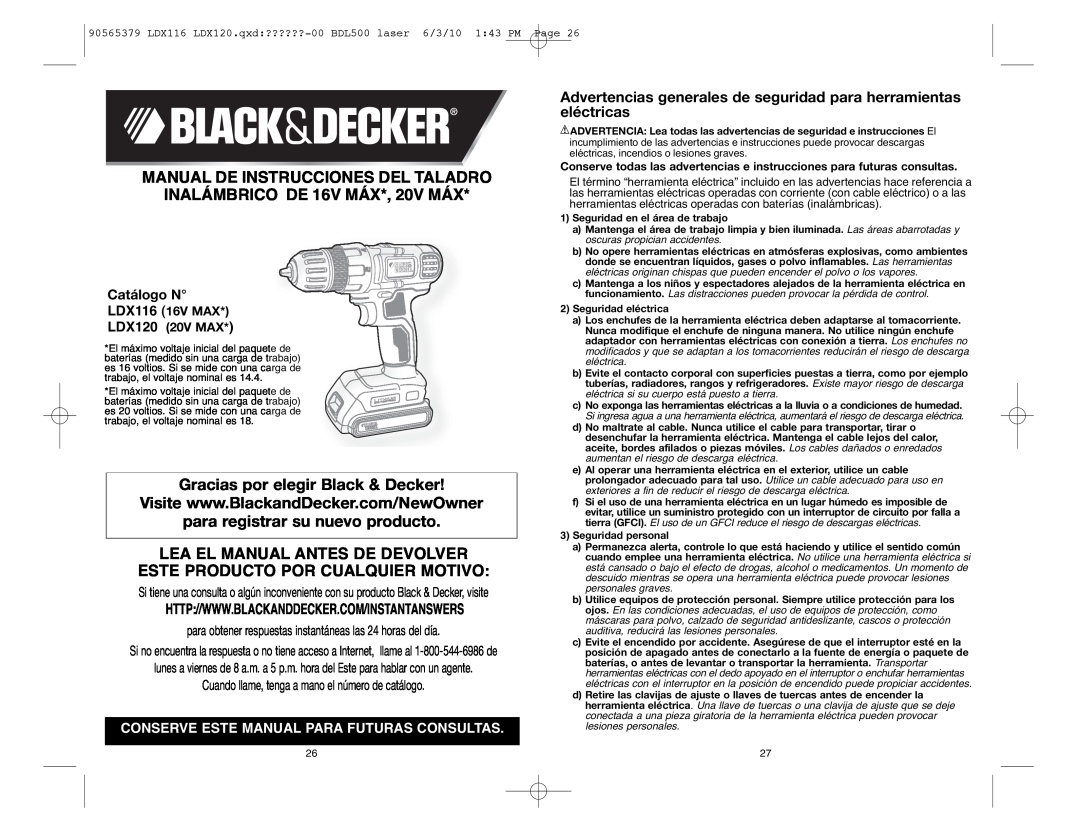 Black & Decker LDX120PK, LDX120P-2, LDX116 MANUAL DE INSTRUCCIONES DEL TALADRO INALÁMBRICO DE 16V MÁX*, 20V MÁX, Catálogo N 