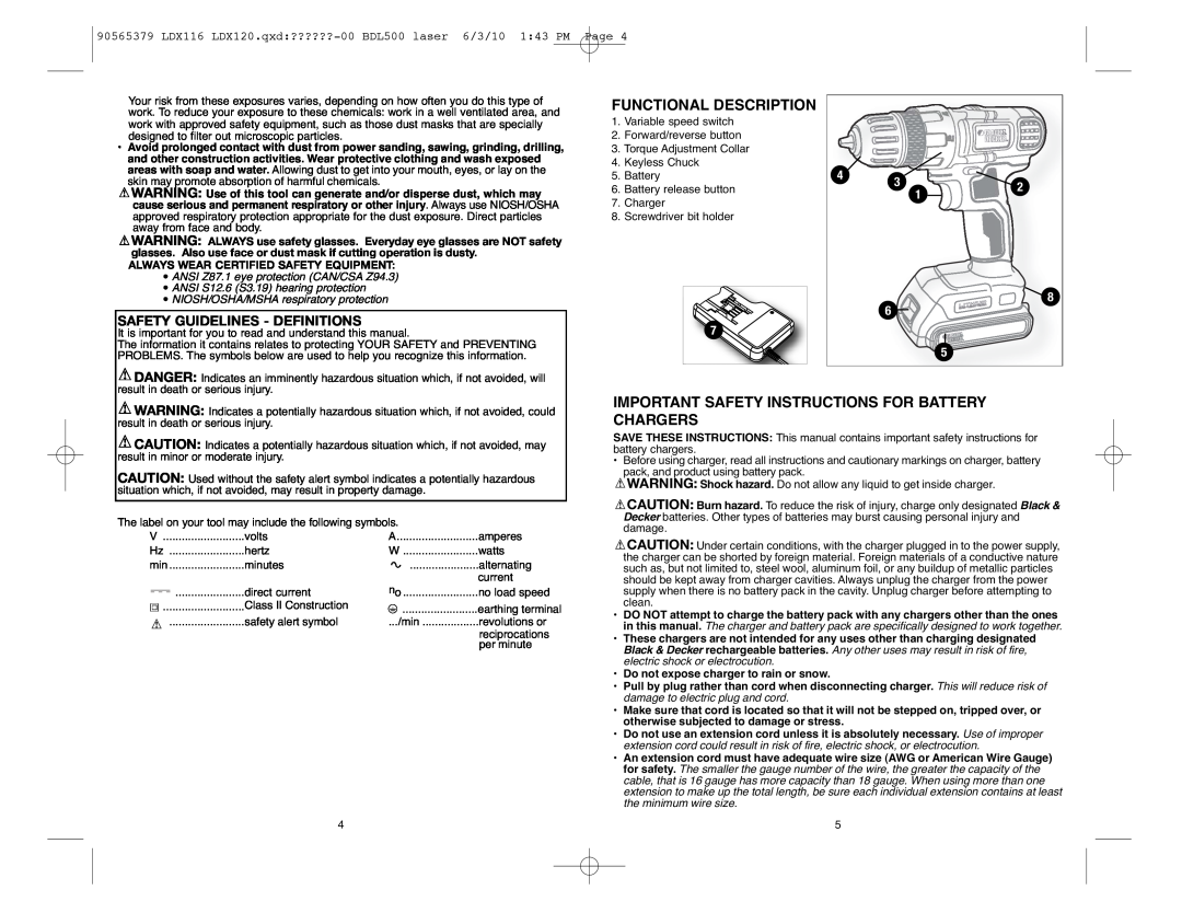 Black & Decker LDX120C, LDX120P-2, LDX116 Functional Description, Important Safety Instructions For Battery Chargers 