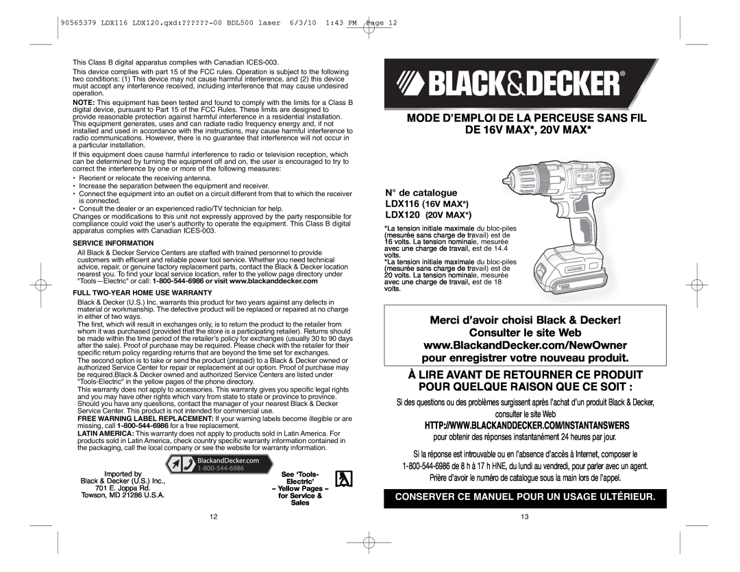 Black & Decker LDX116, LDX120P-2, LDX120PK MODE DʼEMPLOI DE LA PERCEUSE SANS FIL DE 16V MAX*, 20V MAX, N de catalogue 