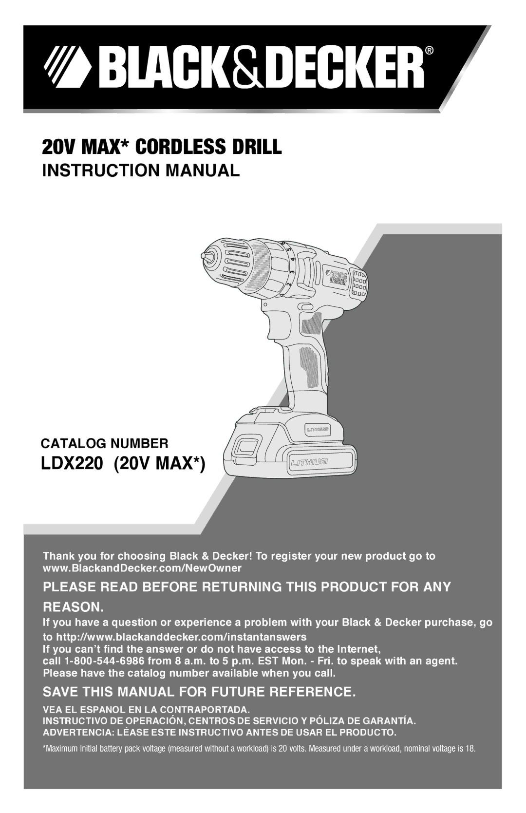 Black & Decker LDX220SBFCR instruction manual 20V max* Cordless drill 