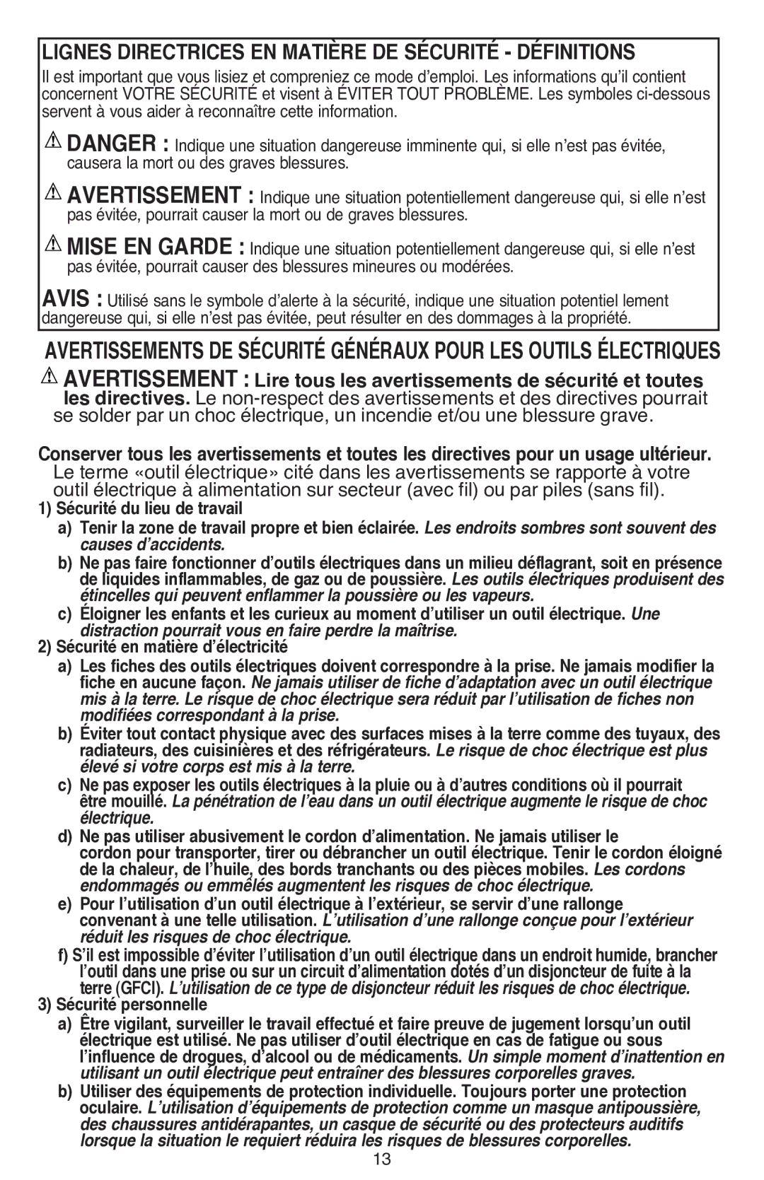 Black & Decker LDX220SBFCR instruction manual Lignes directrices en matière de sécurité définitions, Sécurité personnelle 