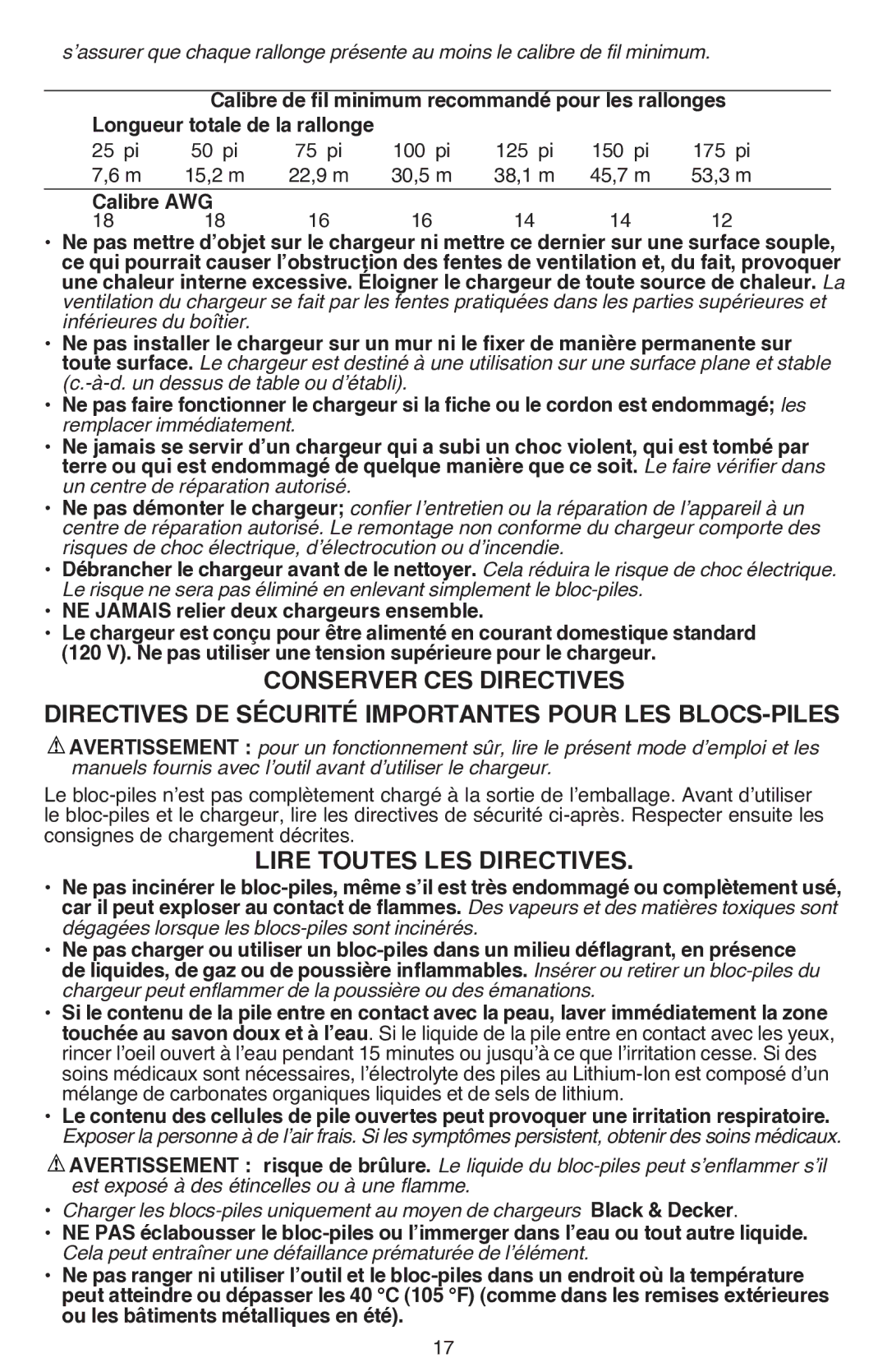 Black & Decker LDX220SBFCR Directives de sécurité importantes pour les blocs-piles, Lire toutes les directives 