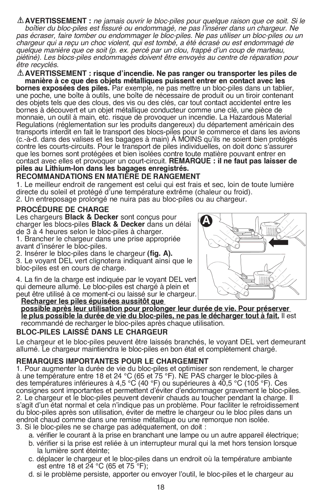 Black & Decker LDX220SBFCR instruction manual Procédure de charge, Remarques importantes pour le chargement 