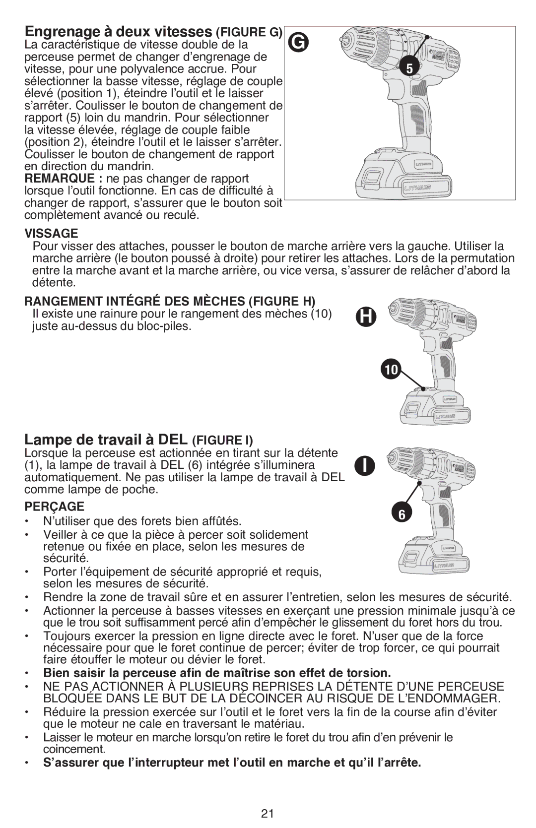 Black & Decker LDX220SBFCR Engrenage à deux vitesses figure G, Lampe de travail à DEL Figure, Vissage, Perçage 