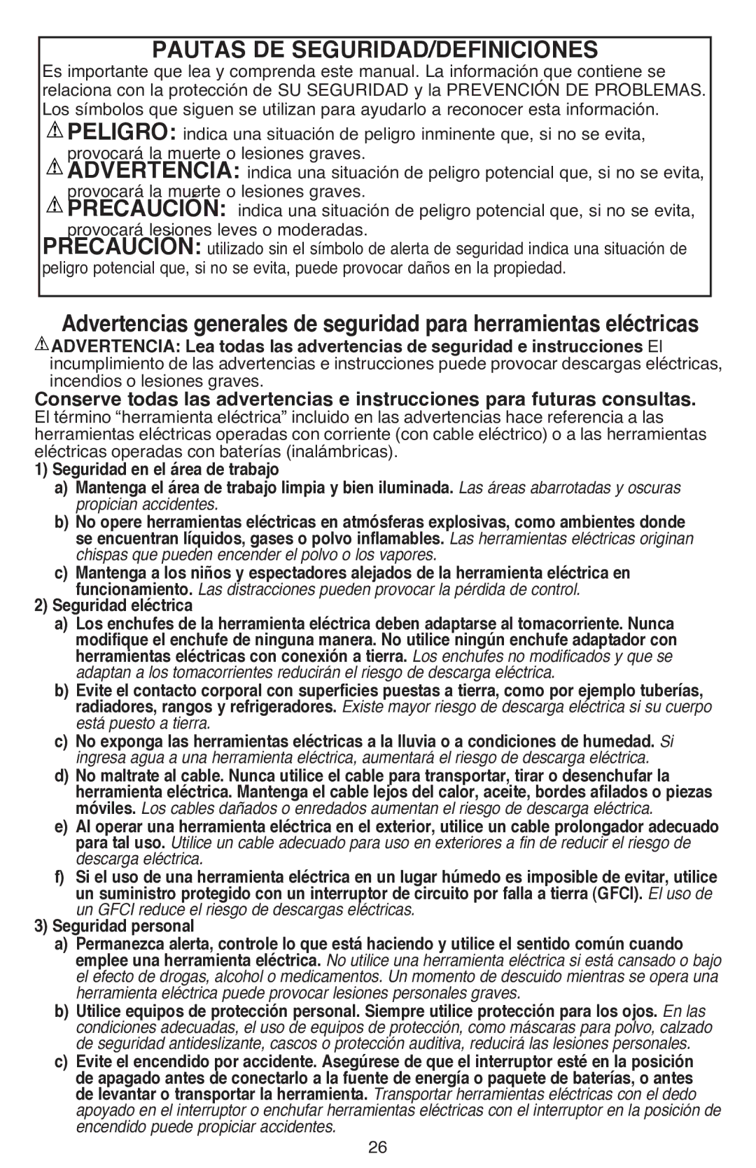 Black & Decker LDX220SBFCR instruction manual Pautas DE SEGURIDAD/DEFINICIONES, Seguridad eléctrica 