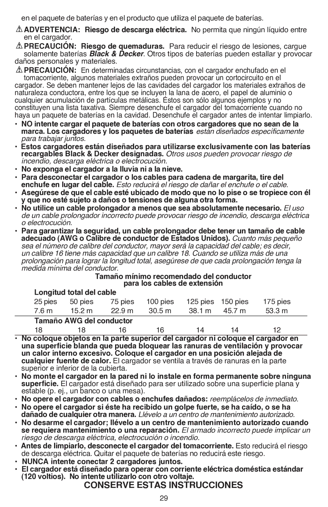 Black & Decker LDX220SBFCR Longitud total del cable, Riesgo de descarga eléctrica, electrocución o incendio 