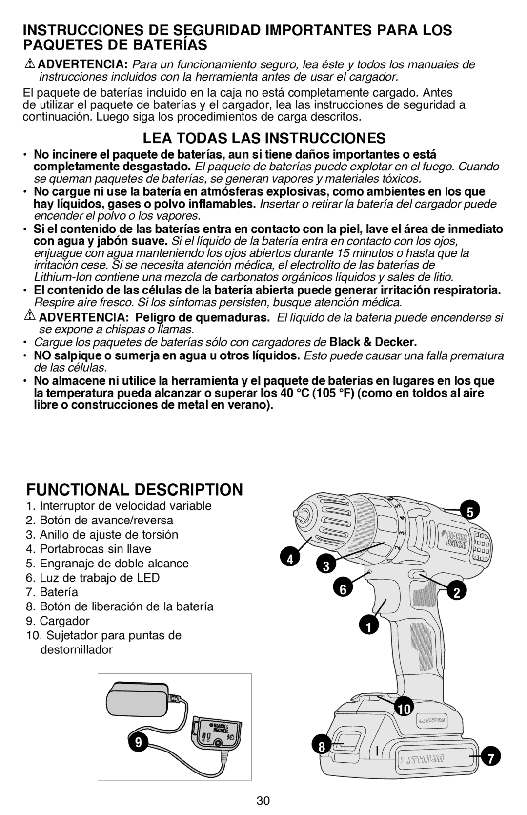 Black & Decker LDX220SBFCR instruction manual Functional Description, Lea todas las instrucciones 