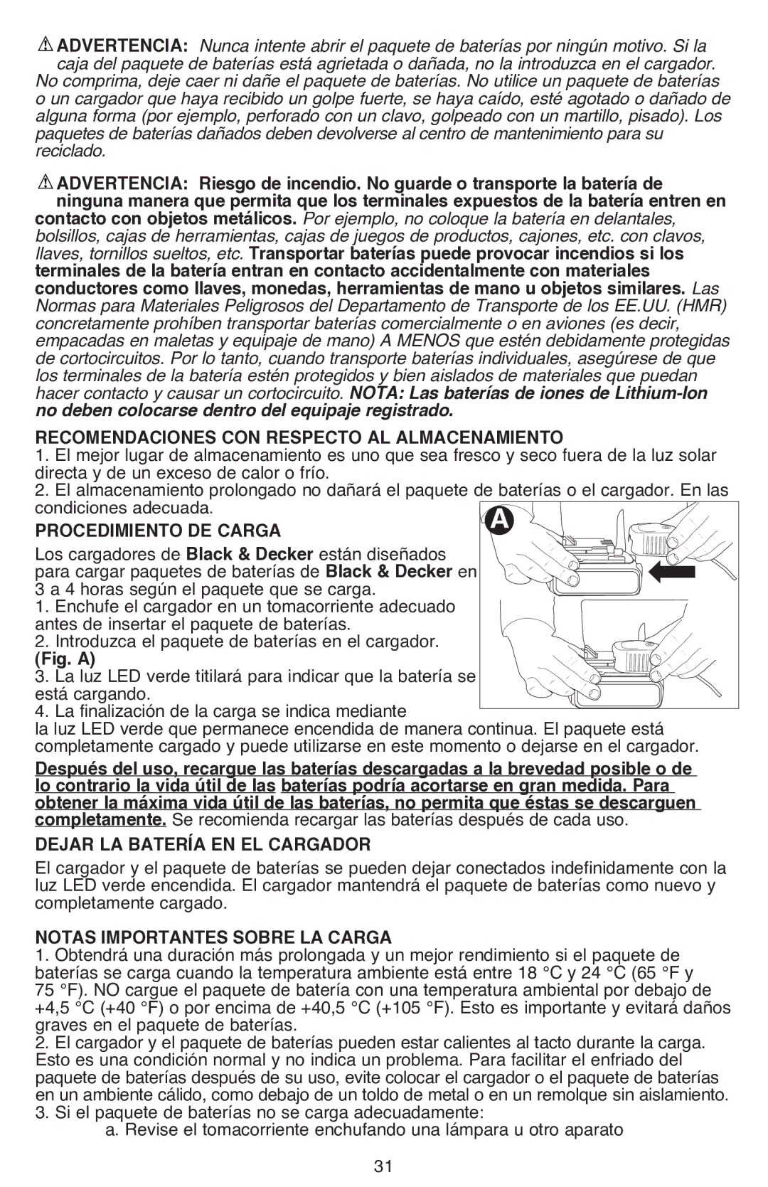 Black & Decker LDX220SBFCR instruction manual Recomendaciones con respecto al almacenamiento, Procedimiento de carga 