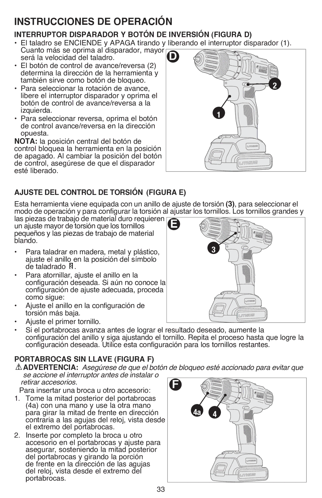 Black & Decker LDX220SBFCR Instrucciones DE Operación, Interruptor Disparador Y Botón DE Inversión Figura D 