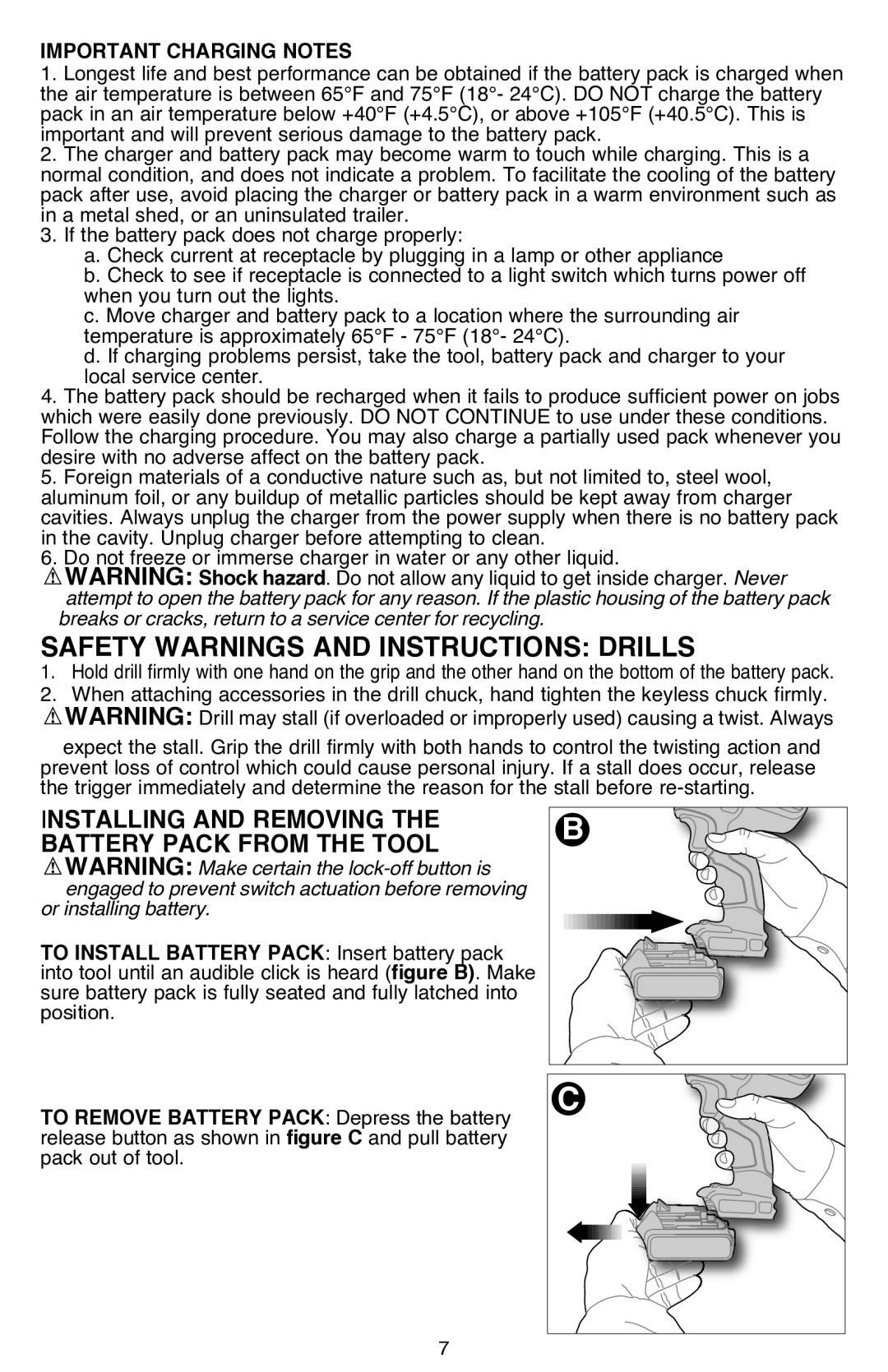 Black & Decker LDX220SBFCR instruction manual Safety Warnings and Instructions Drills, Important Charging Notes 