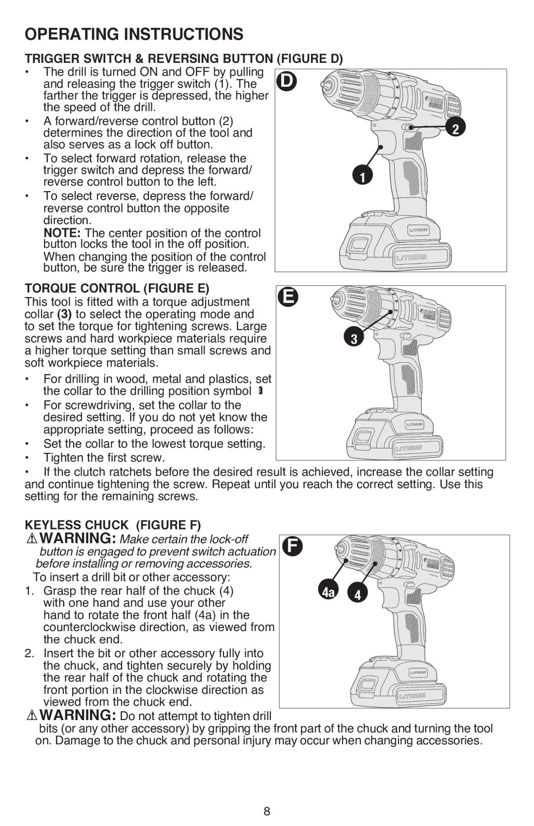 Black & Decker LDX220SBFCR Operating Instructions, Trigger Switch & Reversing Button Figure D, Torque Control Figure E 