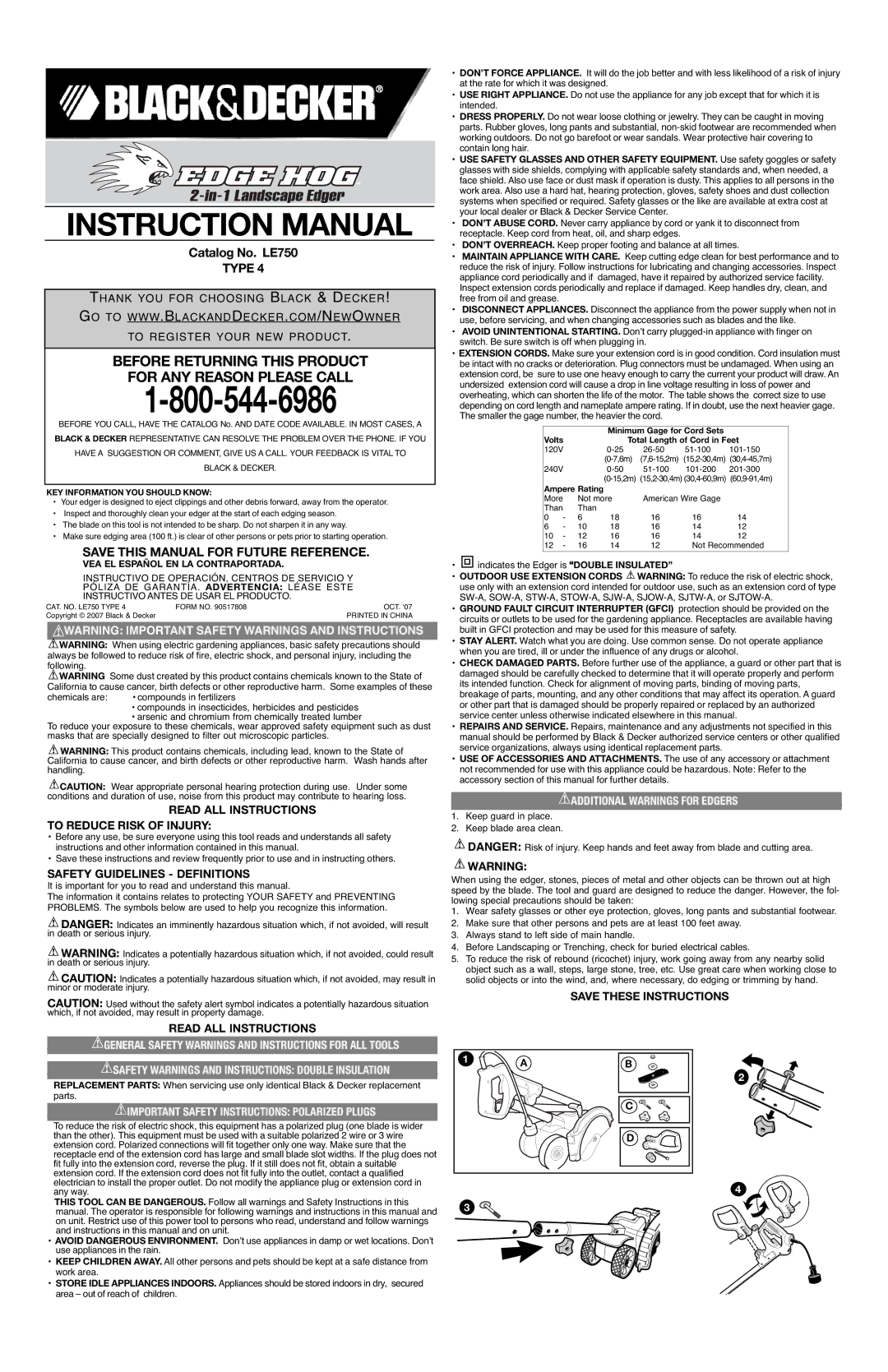 Black & Decker LE750 Type 4 instruction manual Save this Manual for Future Reference, Additional Warnings for Edgers 