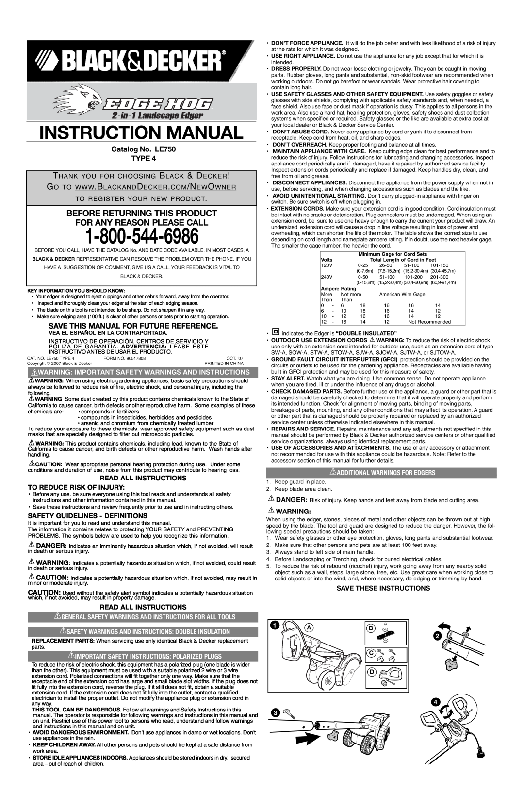 Black & Decker LE750 Type 4 instruction manual Catalog No. LE750 TYPE, Save This Manual For Future Reference 