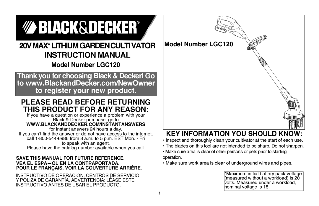 Black & Decker LGC120B instruction manual Save this manual for future reference, VEA EL ESPA-OL EN LA Contraportada 