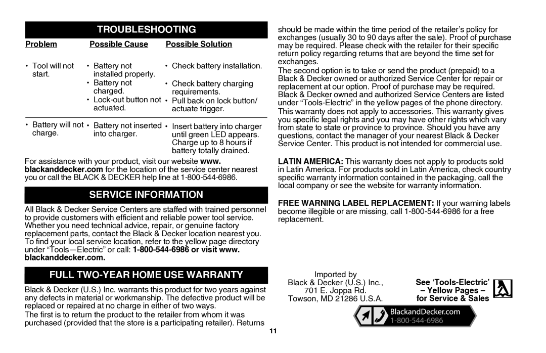 Black & Decker LGC120B instruction manual Troubleshooting, Service Information, Full Two-Year Home Use Warranty 