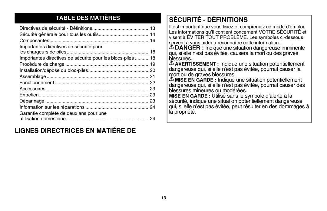 Black & Decker LGC120B instruction manual Lignes directrices en matière de Sécurité définitions, Table DES Matières 