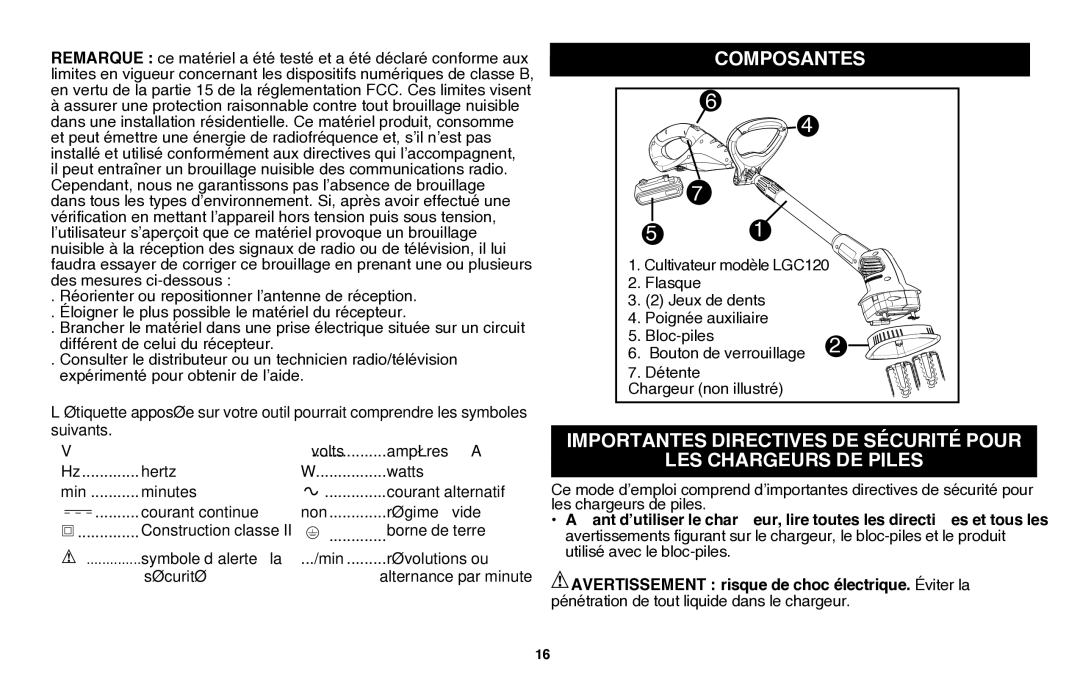 Black & Decker LGC120B instruction manual Composantes 