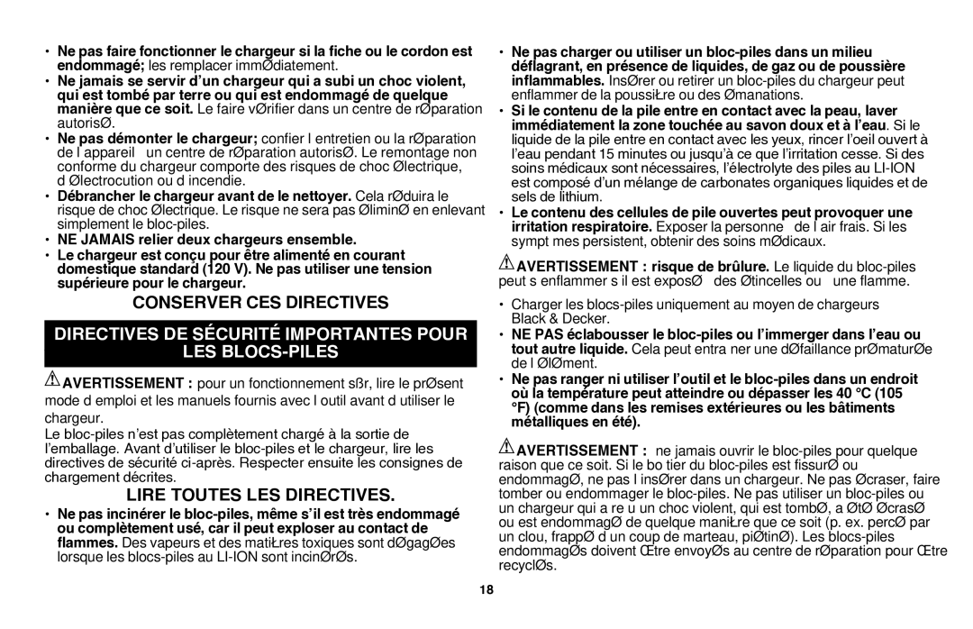 Black & Decker LGC120B Conserver CES Directives, Directives de sÉcuritÉ importantes pour Les blocs-piles 