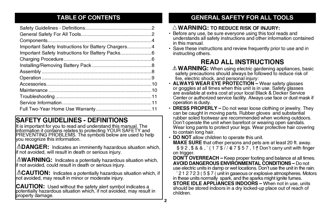 Black & Decker LGC120B instruction manual Table of Contents, General Safety for all tools 