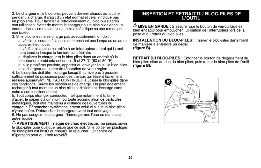 Black & Decker LGC120B instruction manual Insertion et retrait du bloc-piles de ’outil, Figure B 