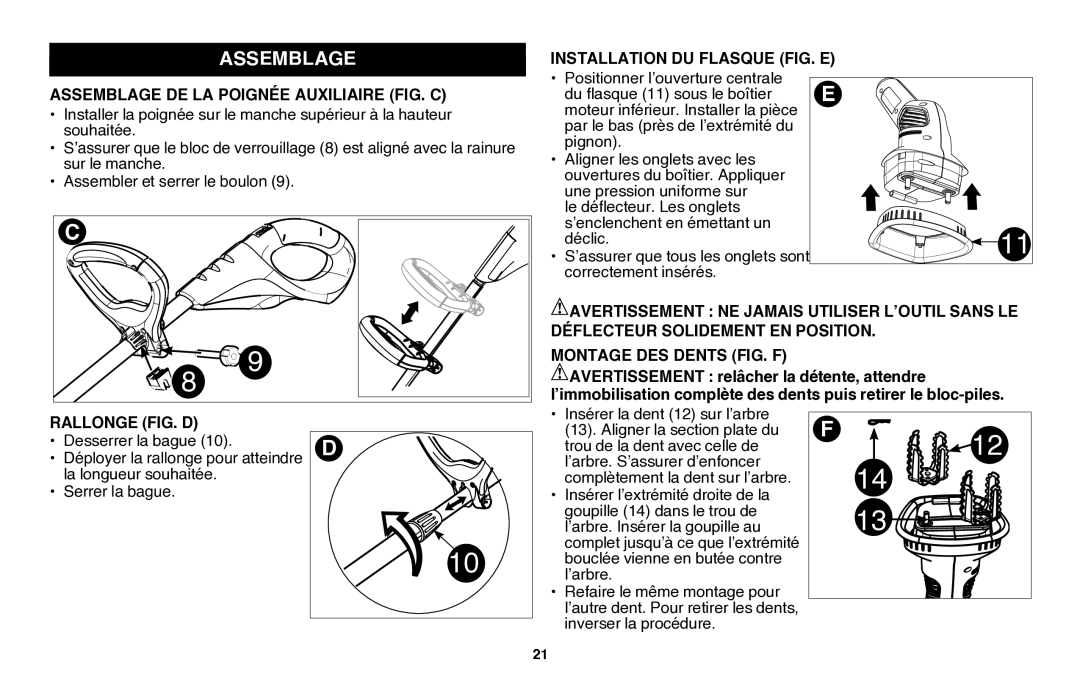 Black & Decker LGC120B Assemblage de la poignée auxiliaire fig. C, Rallonge fig. D, Installation du flasque fig. E 