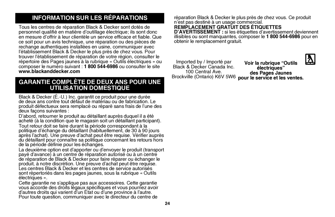 Black & Decker LGC120B instruction manual Information sur les réparations 