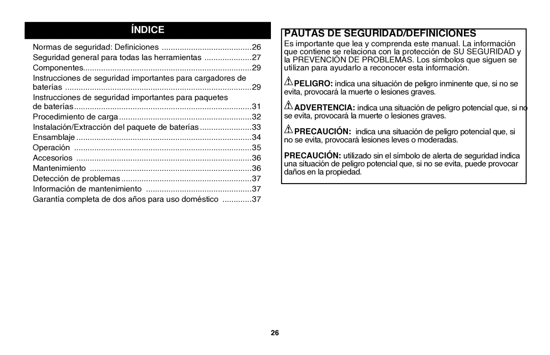 Black & Decker LGC120B instruction manual Índice, Pautas DE SEGURIDAD/DEFINICIONES 