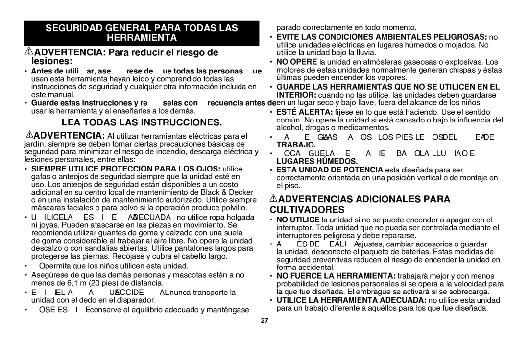 Black & Decker LGC120B instruction manual Seguridad general para todas las Herramienta, LEA Todas LAS Instrucciones 