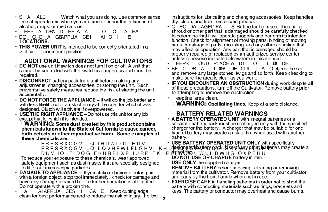 Black & Decker LGC120B instruction manual Additional Warnings for Cultivators, Battery Related Warnings 