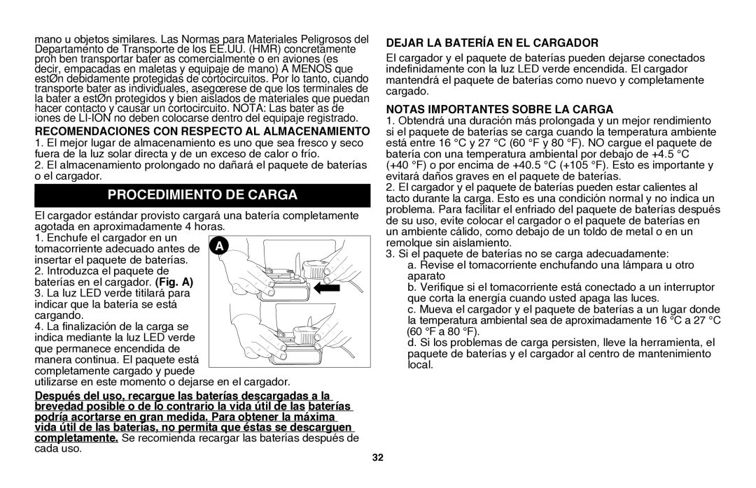 Black & Decker LGC120B instruction manual Procedimiento de carga, Notas importantes sobre la carga 