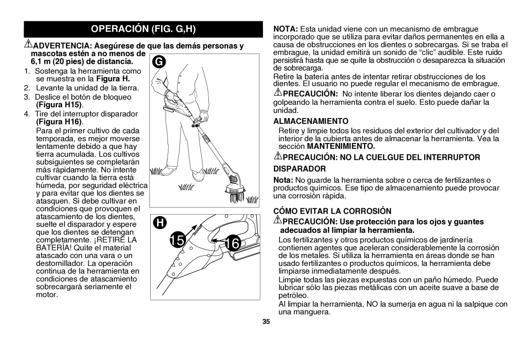 Black & Decker LGC120B Operación Fig. G,H, Advertencia Asegúrese de que las demás personas y, Almacenamiento 