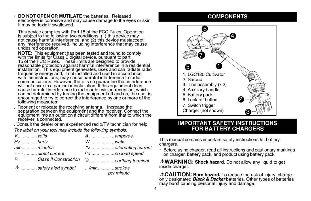 Black & Decker LGC120B instruction manual Components, Important safety instructions For battery chargers 