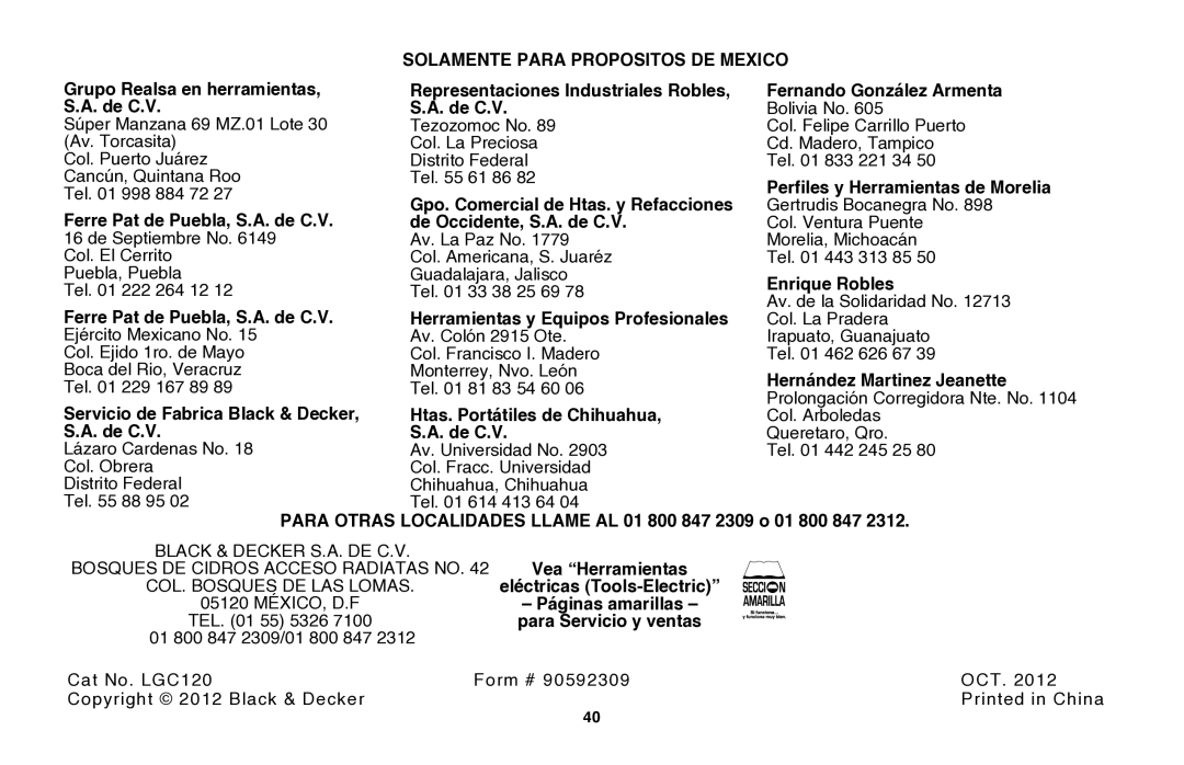 Black & Decker LGC120B instruction manual Solamente Para Propositos DE Mexico 