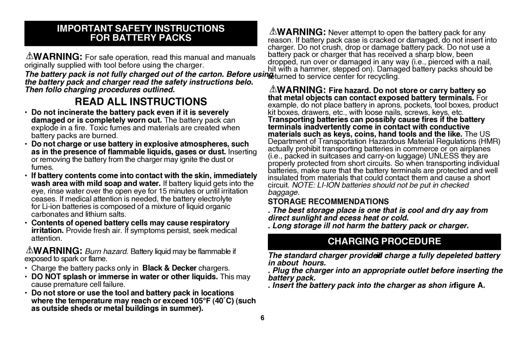 Black & Decker LGC120B instruction manual Important safety instructions For battery Packs, Charging Procedure 