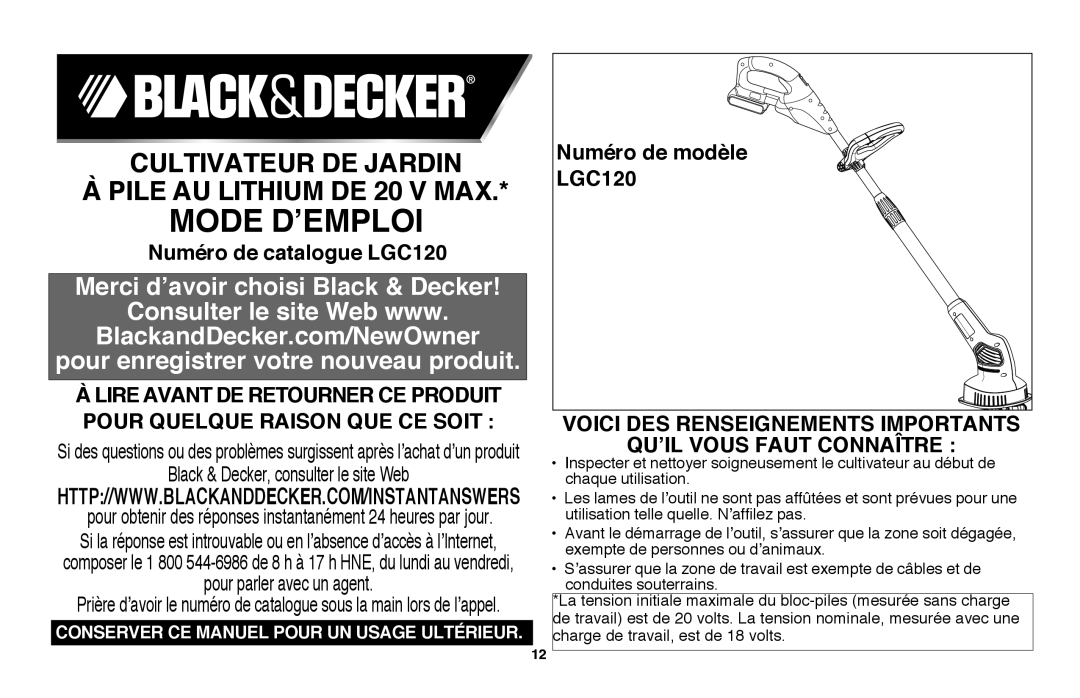 Black & Decker LGC120B Cultivateur de jardin à pile au LITHIUM DE 20 V MAX, Numéro de catalogue LGC120, mode d’emploi 