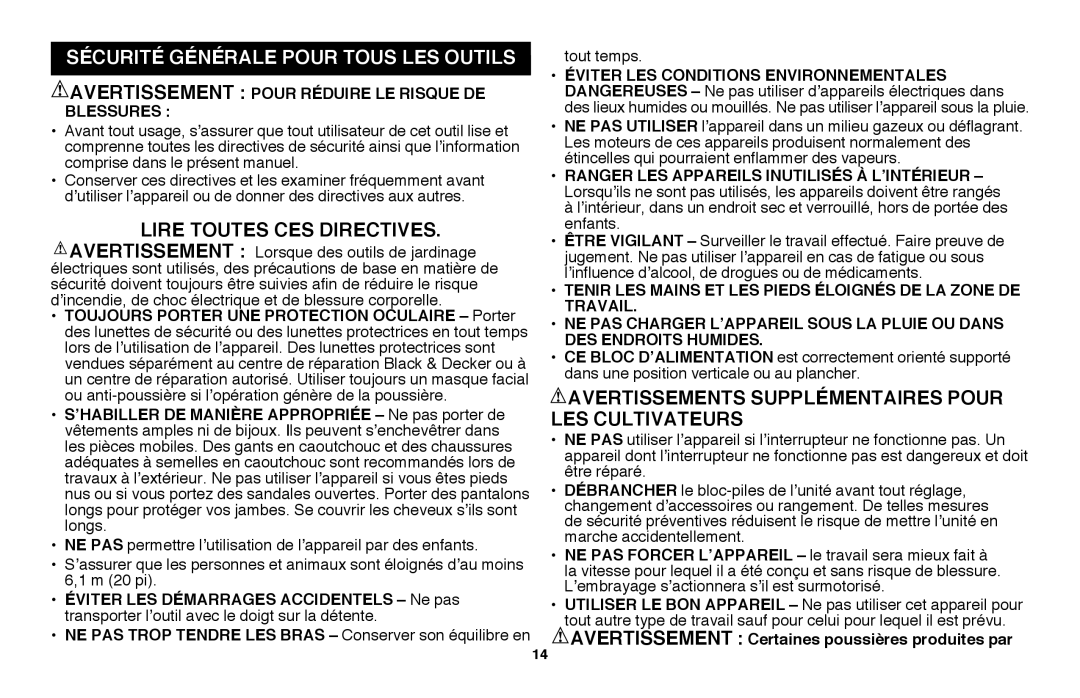Black & Decker LGC120B instruction manual Sécurité Générale Pour Tous Les Outils, Lire Toutes Ces Directives 
