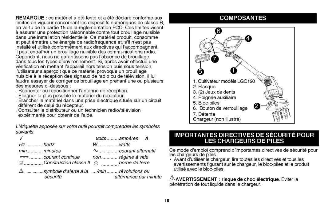 Black & Decker LGC120B instruction manual Composantes, Importantes Directives De Sécurité Pour Les Chargeurs De Piles 