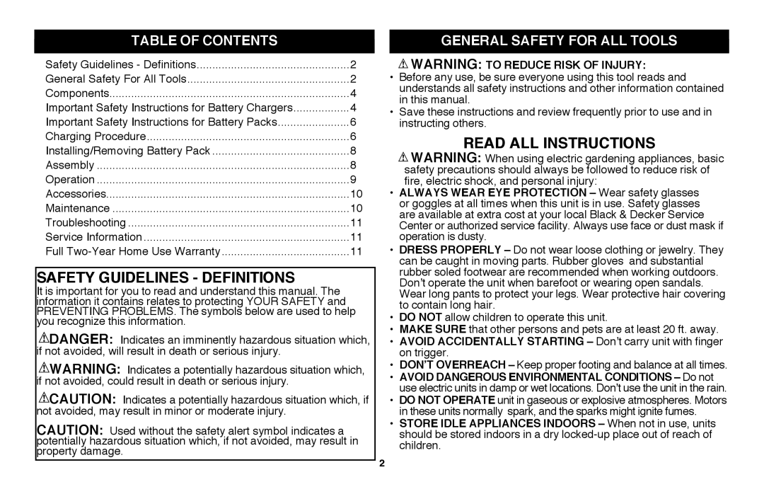 Black & Decker LGC120B instruction manual Safety Guidelines - Definitions, Read all Instructions, Table of Contents 